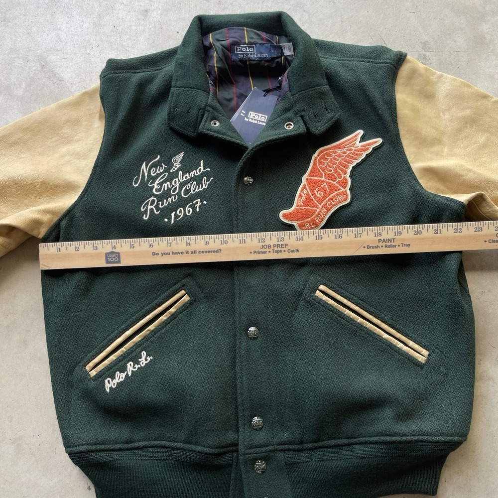 NWT Polo Ralph Lauren Men Colorblock Varsity Leather Jacket New England M - Picture 4 of 7